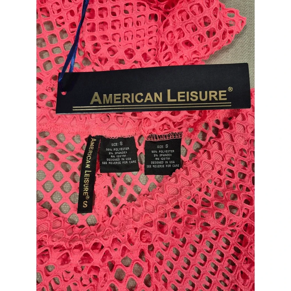 American Leisure Pink Mesh Two Piece Swimsuit Cover Up Crop Top Shorts Set S